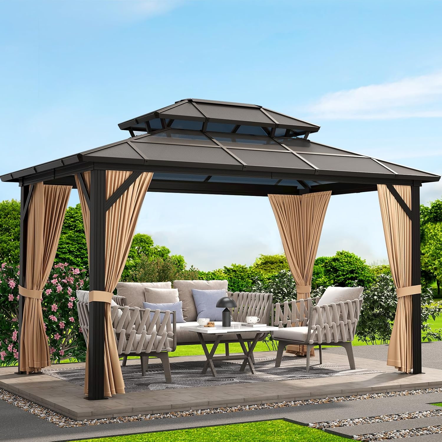 2025 New 10'x13' Hardtop Gazebo, Outdoor Polycarbonate Double Roof Canopy, Aluminum Frame Permanent Pavilion with Curtains and Netting, Sunshade for Garden, Patio, Lawns