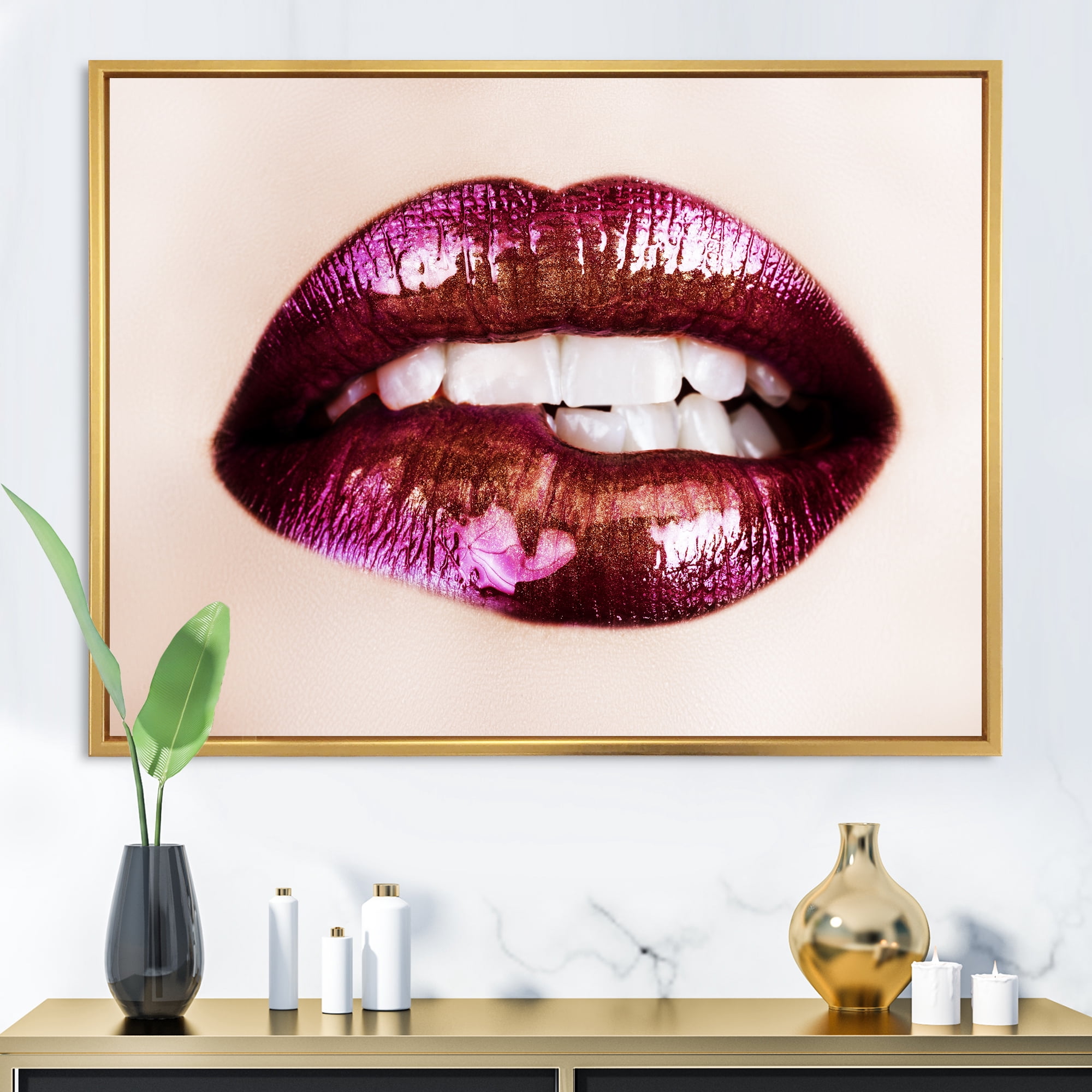 Designart 'Close-Up Of Purple Female Lips' Modern Framed Canvas Wall Art Print