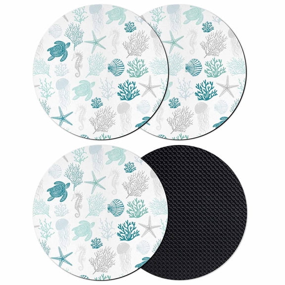 Turquoise Coastal Coasters Set of 4, Nautical Summer Beach Coral Sea Turtle Absorbent Coasters for Drinks, Coaster for Bar Office Dining Coffee Table Accessories Decor, Non Slip Round Desk Coaster