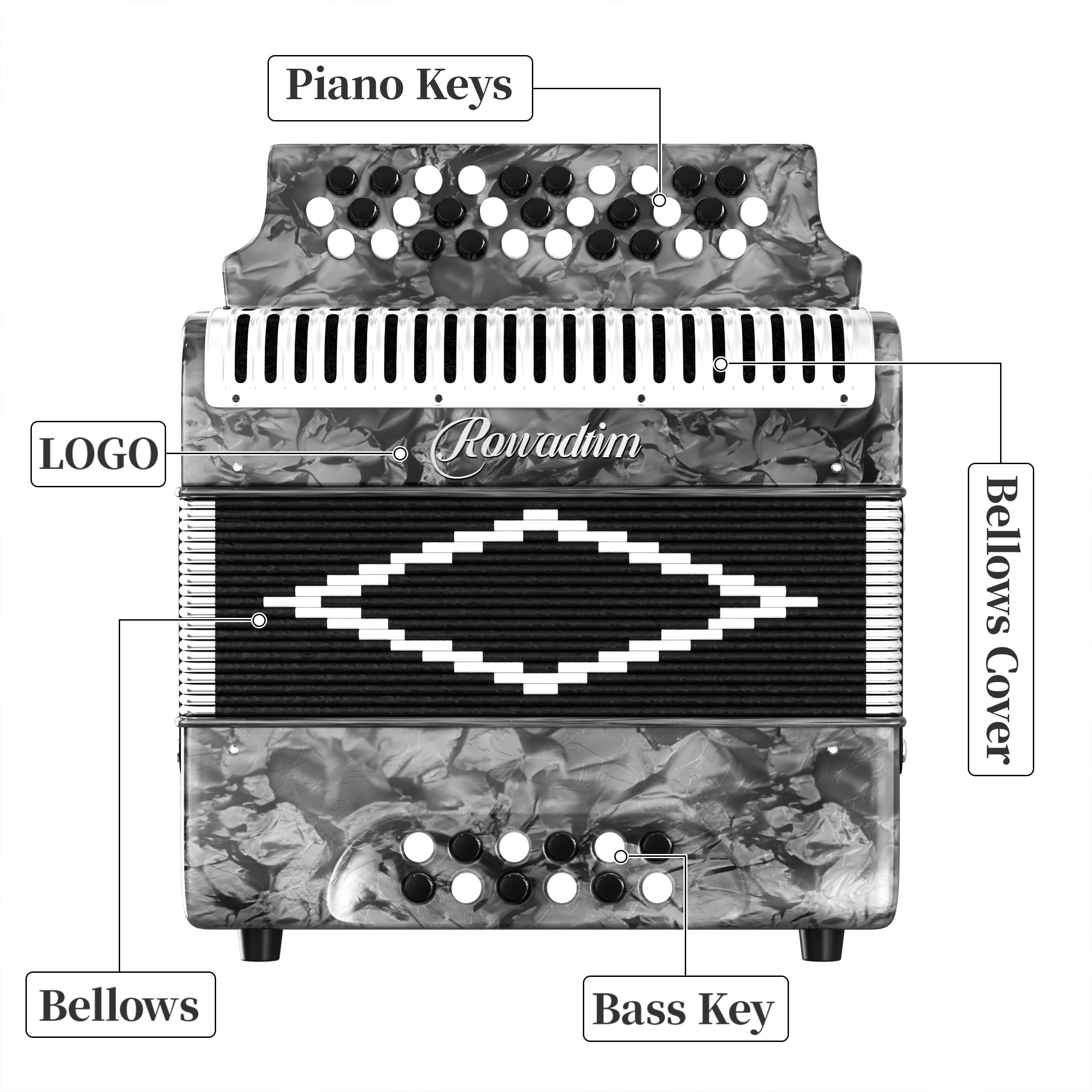 Rowadtim 31 Key Diatonic Accordions, 12 Bass Buttons (G/C/F Tuning) Suitable for Beginners, Adults, Performances and Teachers; Comes with  Case, Adjustable Strap, Gloves and Polishing Cloth (Gray)