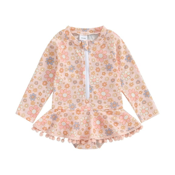 Bagilaanoe Toddler Baby Girl One-Piece Swimsuit Floral Print Long Sleeve Zipper Rashguard Swimwear 18M 24M 3T 4T 5T 6T Kids Ruffle Bathing Suit