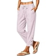 thumbnail image 3 of Women Cotton Linen Pants Casual Drawstring Elastic Waist Pant Loose Wide Leg Button Trousers With Pockets, 3 of 7