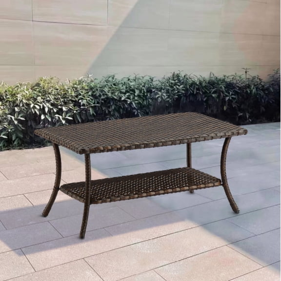 POCASSY 41.1" * 23.6" Coffee Table, Brown, Wicker Rattan, Patio, Balcony, Pool, Two-tier