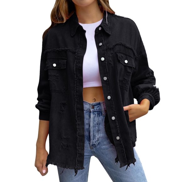 BYHONG Womens Autumn Spring Oversized Denim Jacket Casual Long Boyfriend Distressed Jean Jacket Jackets for Women Coat for Women Black M