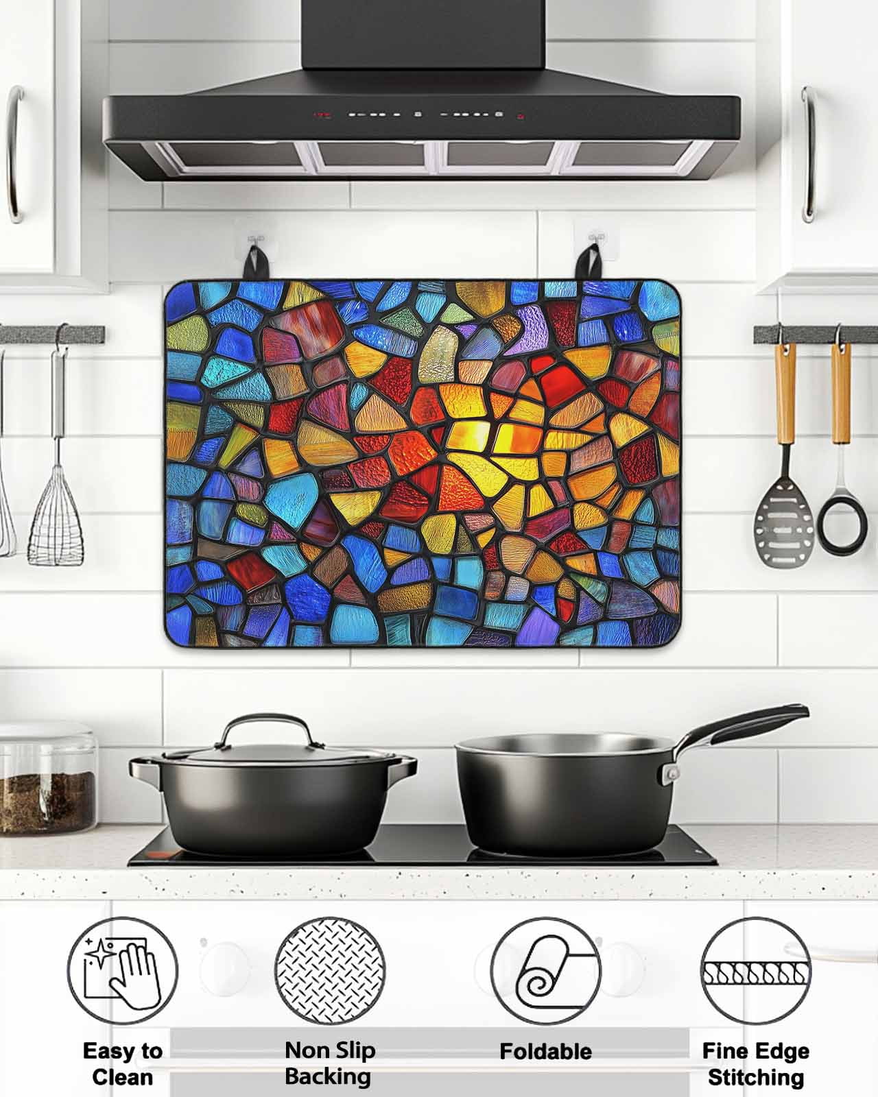 Stove Top Covers for Electric Stove, Blue Red Yellow Glass Stovetop Cover Protector, Modern Colored Rainbow Stained Glass Induction Cooktop Protector Oven Mat for Kitchen Countertop 24"x21"