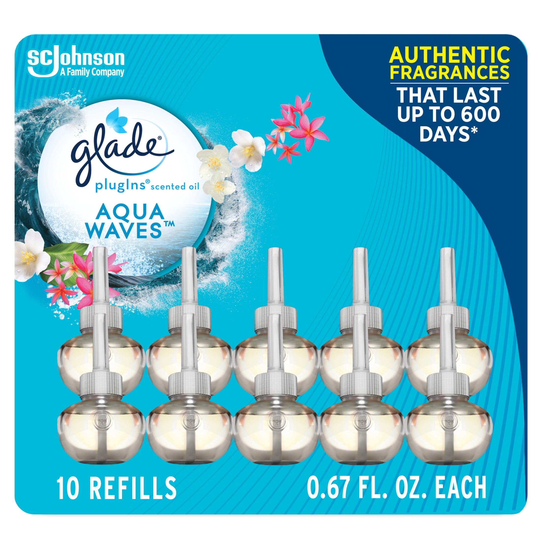 Glade PlugIns Scented Oil 10 Refills, Air Freshener, Aqua Waves, 10 x 0.67 oz, 10 Refills