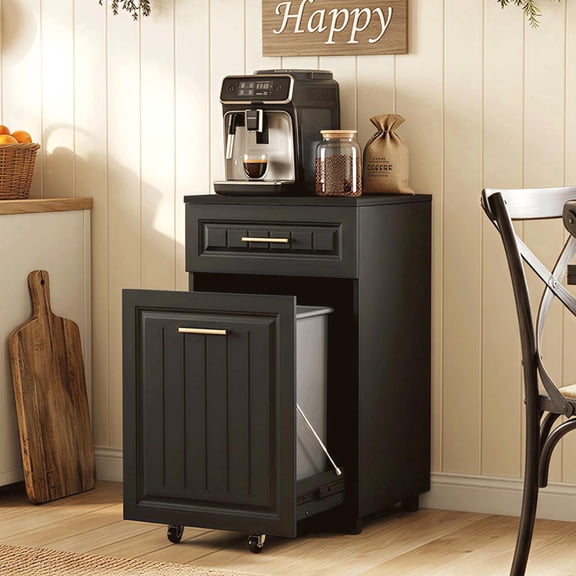 Pull Out Trash Can Cabinet for Double 7 Gallon or 13 Gallon Bin, Freestanding Kitchen Trash Bin Cabinet with Drawer, Pet Proof Hidden Garbage & Recycling Storage for Laundry & Living Room, Black