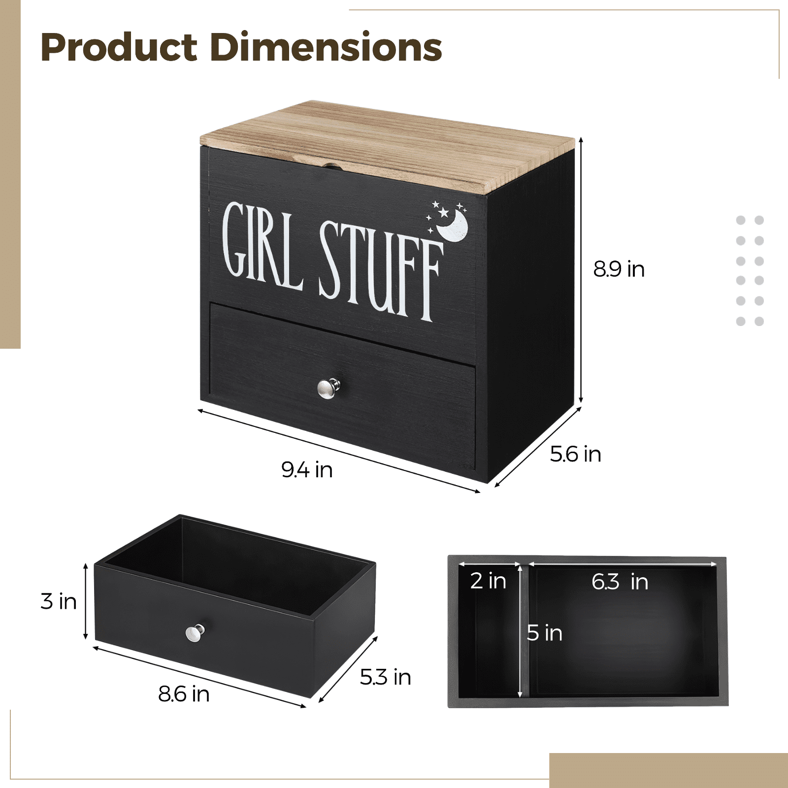 Wood Tampon Holder for Bathroom, Feminine Product Organizer with 3-Tier Compartments, Pad and Tampon Organizer 9.4" x 5.6" x 8.9"