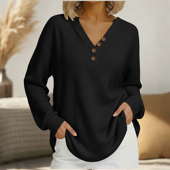 PNTUTB Fashion Women's Solid Color Waffle Weave V Neck Button Long Sleeve Casual Loose Versatile Tops