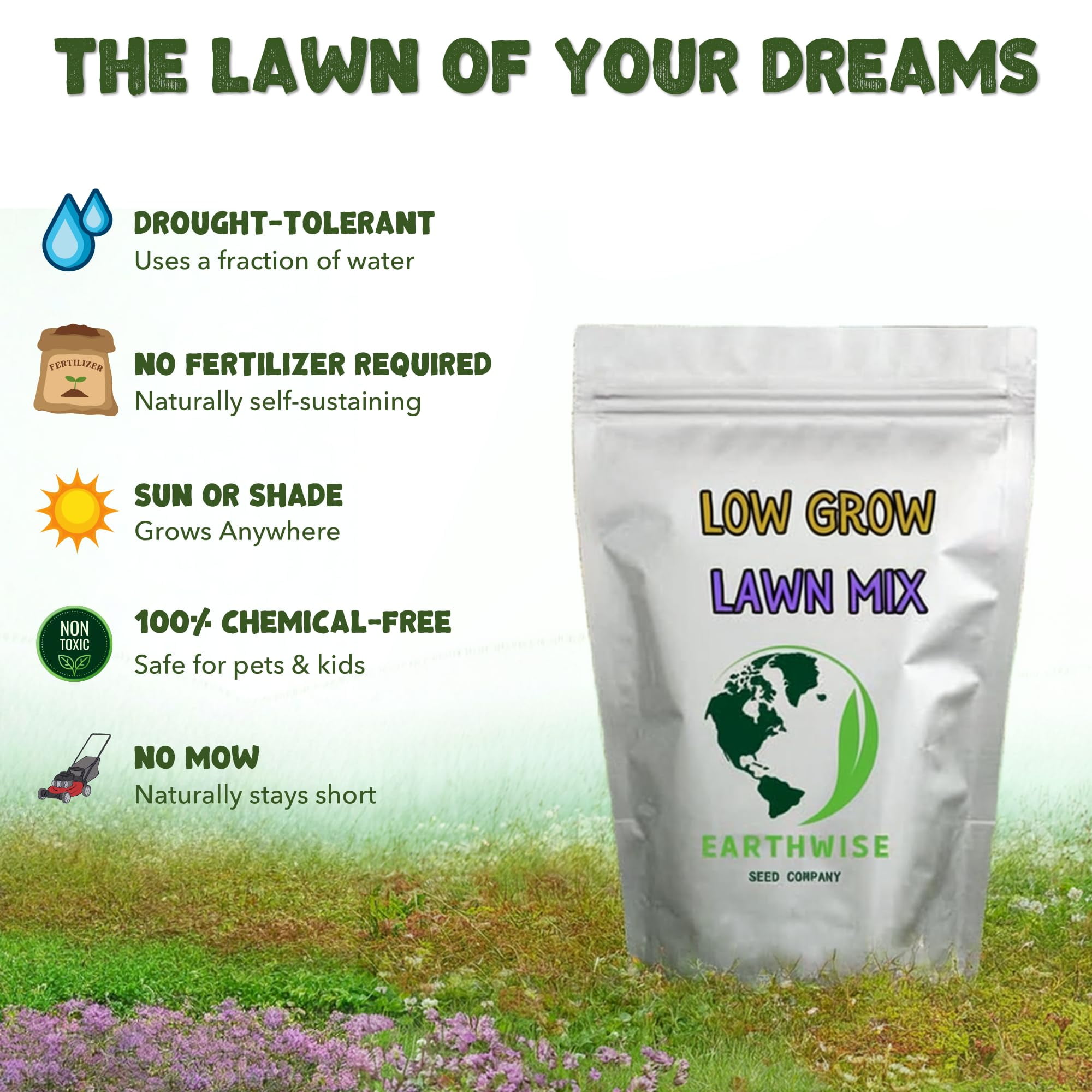 Earthwise Low Grow Alternative Lawn Mix, No Mow Grass Seed, 50 lb, Covers 1 acre