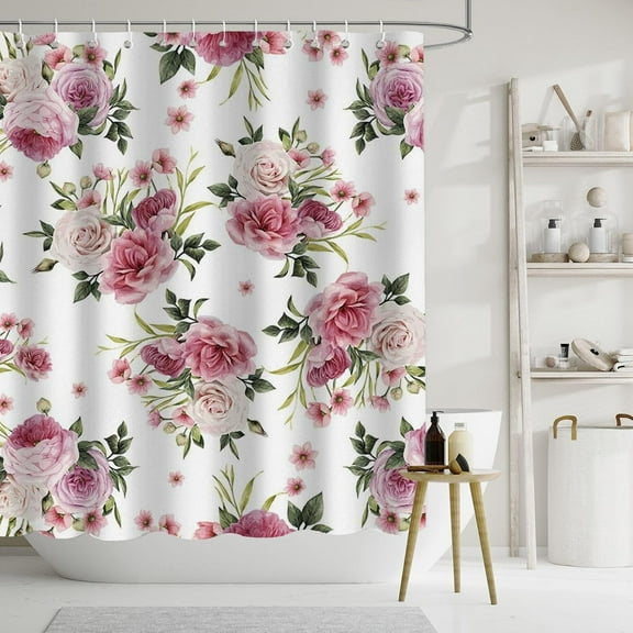 Vintage Floral Shower Curtain Home Decor Pink Peony Rose Shower Curtains for Bathroom Botanical Plant Green Leaves Polyester Fabric Waterproof Flower Bathroom Curtain with 12 Hooks 72"*72"