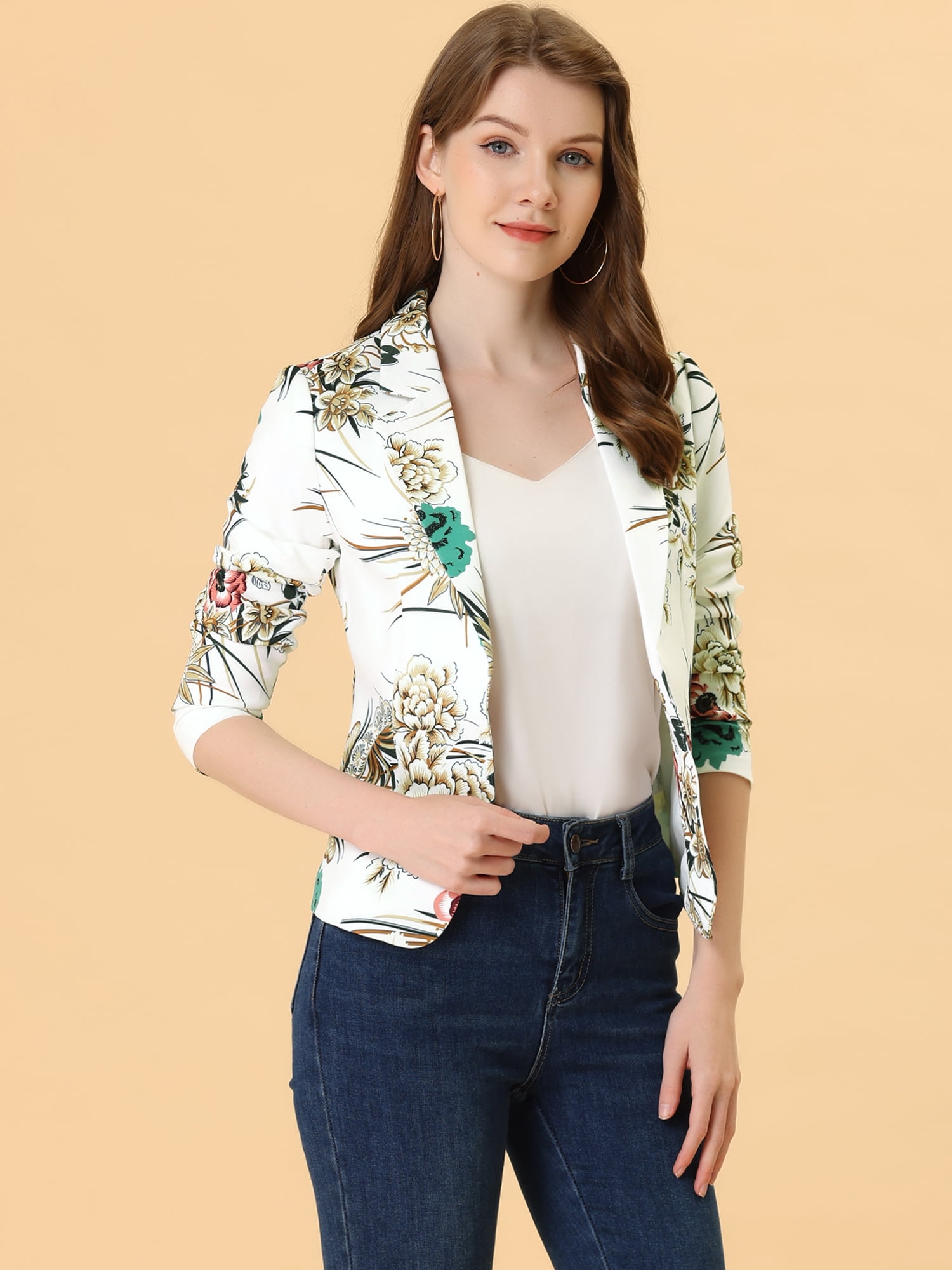 DARING DIVA Women's Elegant Notched Lapel Floral Print Blazer L White-Flower