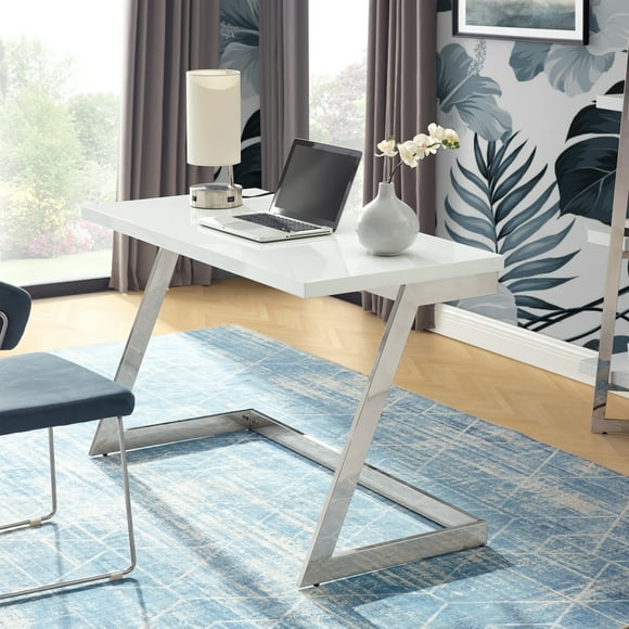 Inspired Home Malana Writing Desk High Gloss Lacquer Finish Top Polished Stainless Steel Base Geometric Legs, White/Chrome
