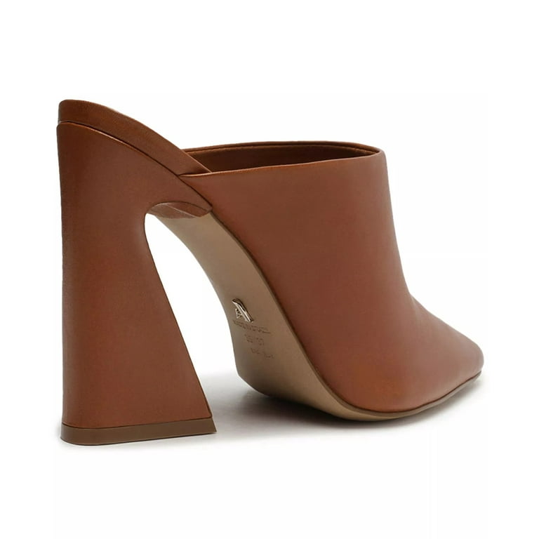 Brown leather heeled mules sales