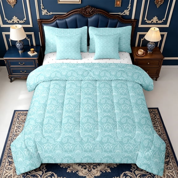 Erosebridal Light Teal Paisley 7-Piece Twin Bedding,White Floral Motif Bedding Comforter Set,Reversible