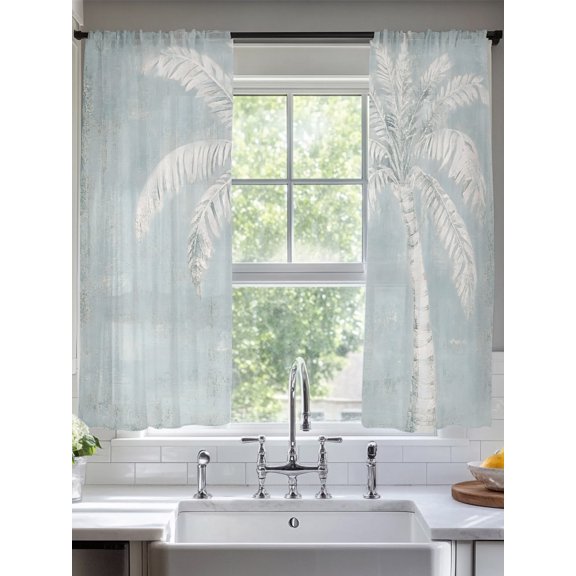 Coastal White Palm Trees Sheer Curtains 2 Panels Set Retro Coconut Trees Lihgt Filtering Rod Pocket Voile Drape,Semi Sheer Window Curtains for Bedroom Living Room,52"x72"