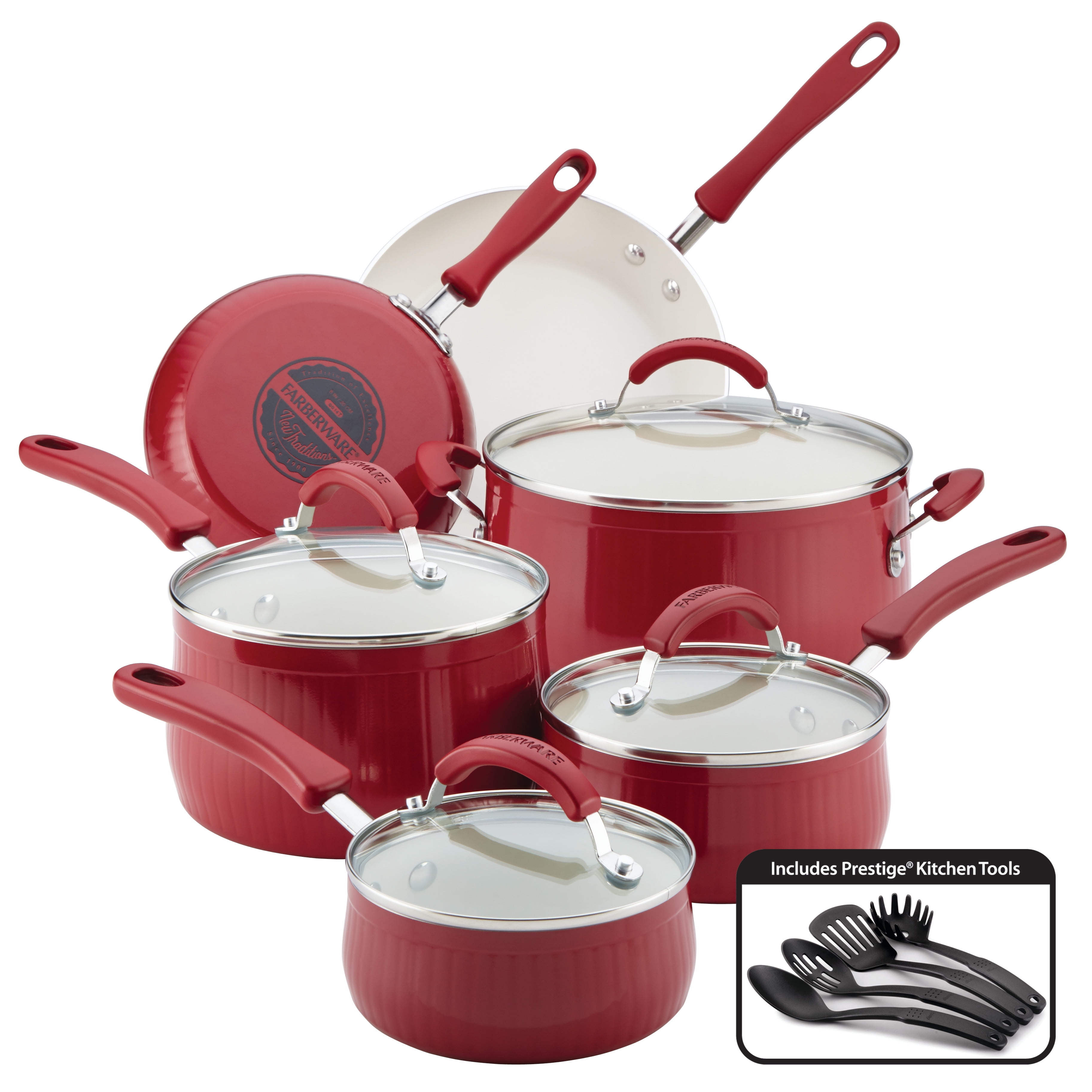 Farberware New Traditions Aluminum Nonstick 14Piece Cookware Set, Red
