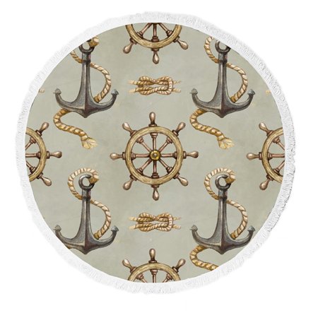 ABPHQTO Nautical Pattern Round Beach Blanket with Tassels Beach Throw Towel Yoga Mat Picnic Blanket