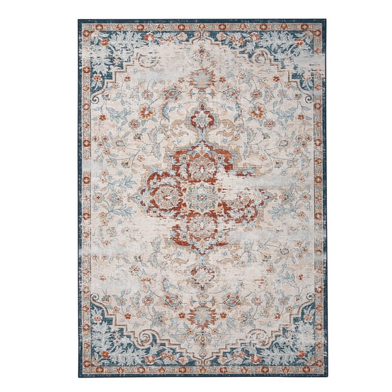 Area Rug 2x3 Vintage Persian Rug Machine Washable Indoor Door Mat Vintage Distressed Floral Print Entryway Mat Non Slip Carpet Mat Small Throw Rug for Kitchen Bedroom Living Room, Red/Beige