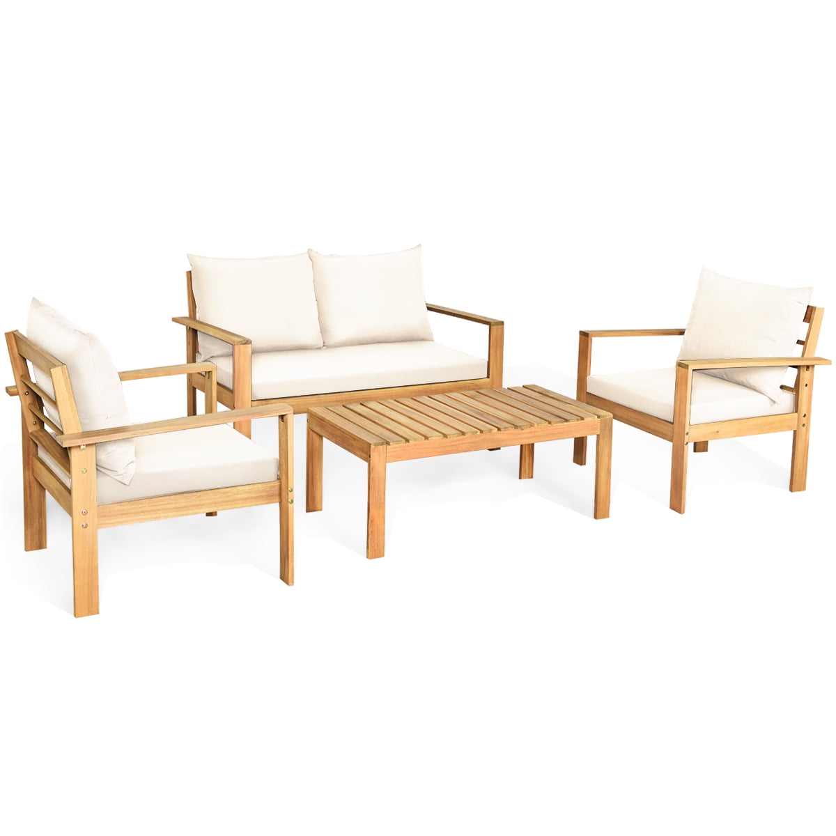 Gymax 8PCS Patio Acacia Wood Conversation Furniture Set w/ Off White Cushions