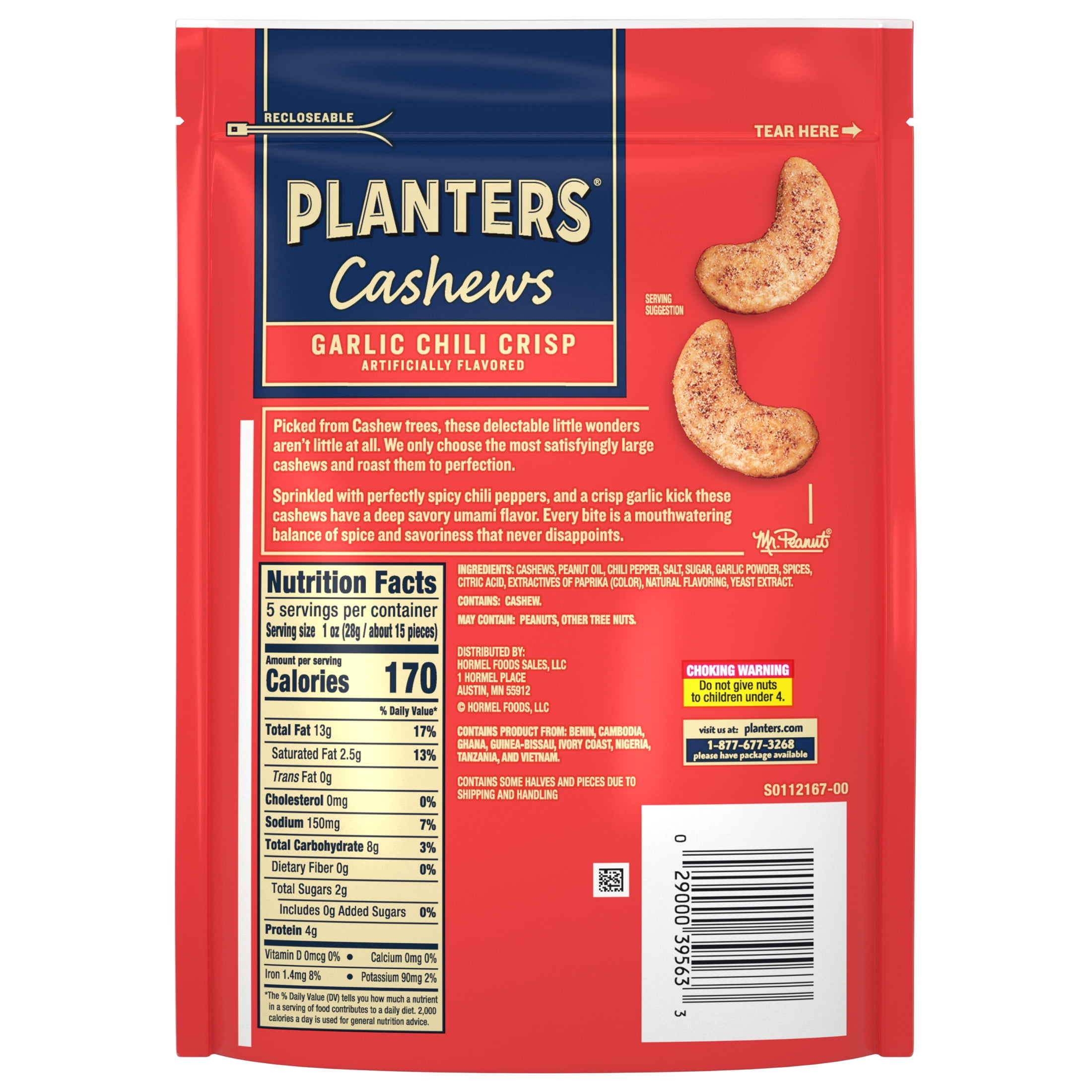 (6 pack) PLANTERS Garlic Chili Crisp Flavored Cashews, 5 oz Resealable Bag