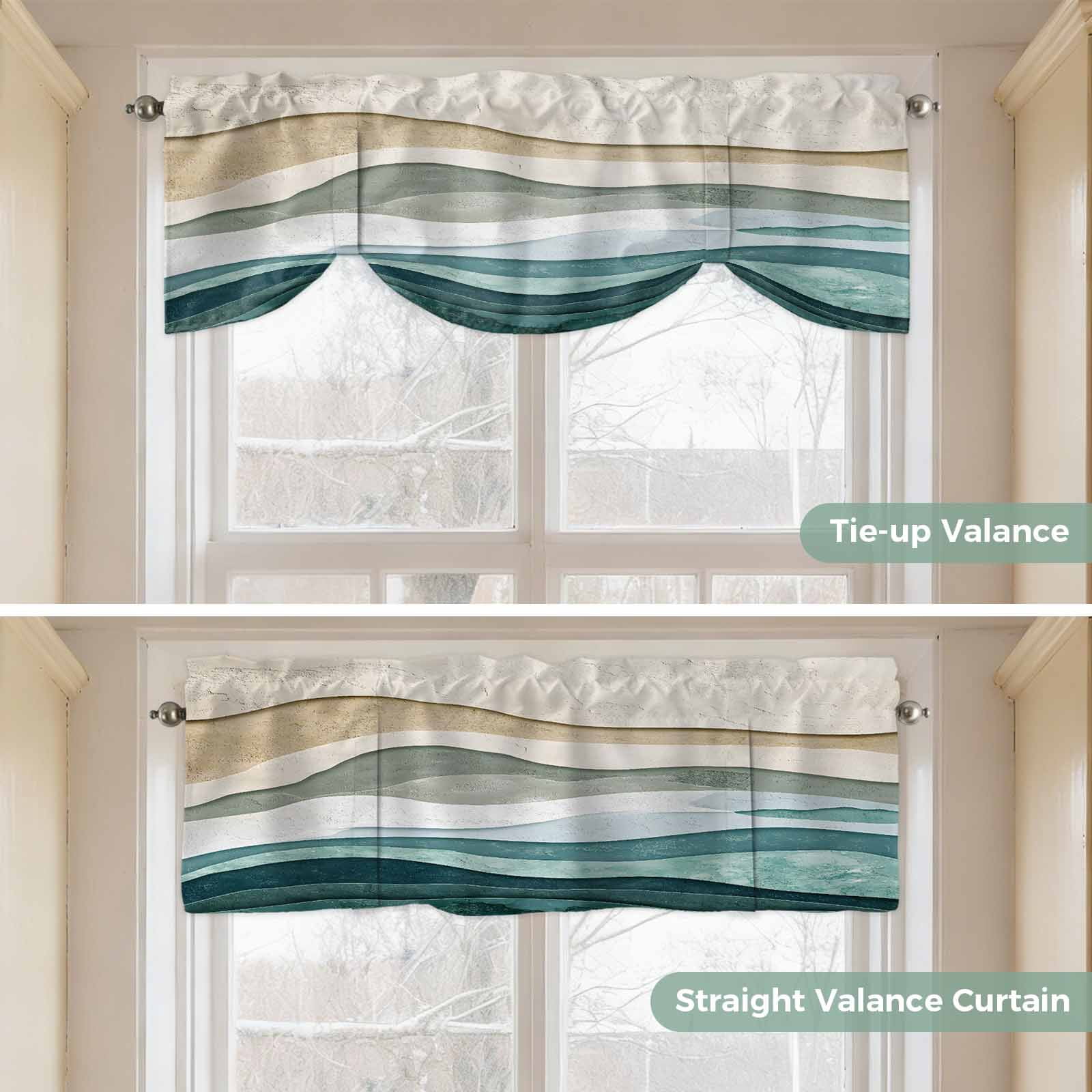 Abstract Wave Effect Tie Up Valances Curtain, Adjustable Kitchen Watercolor Blue Stripes Valances for Windows Decor, Rod Pocket Short Curtains Set for Bedroom/Bathroom, 54"x18"