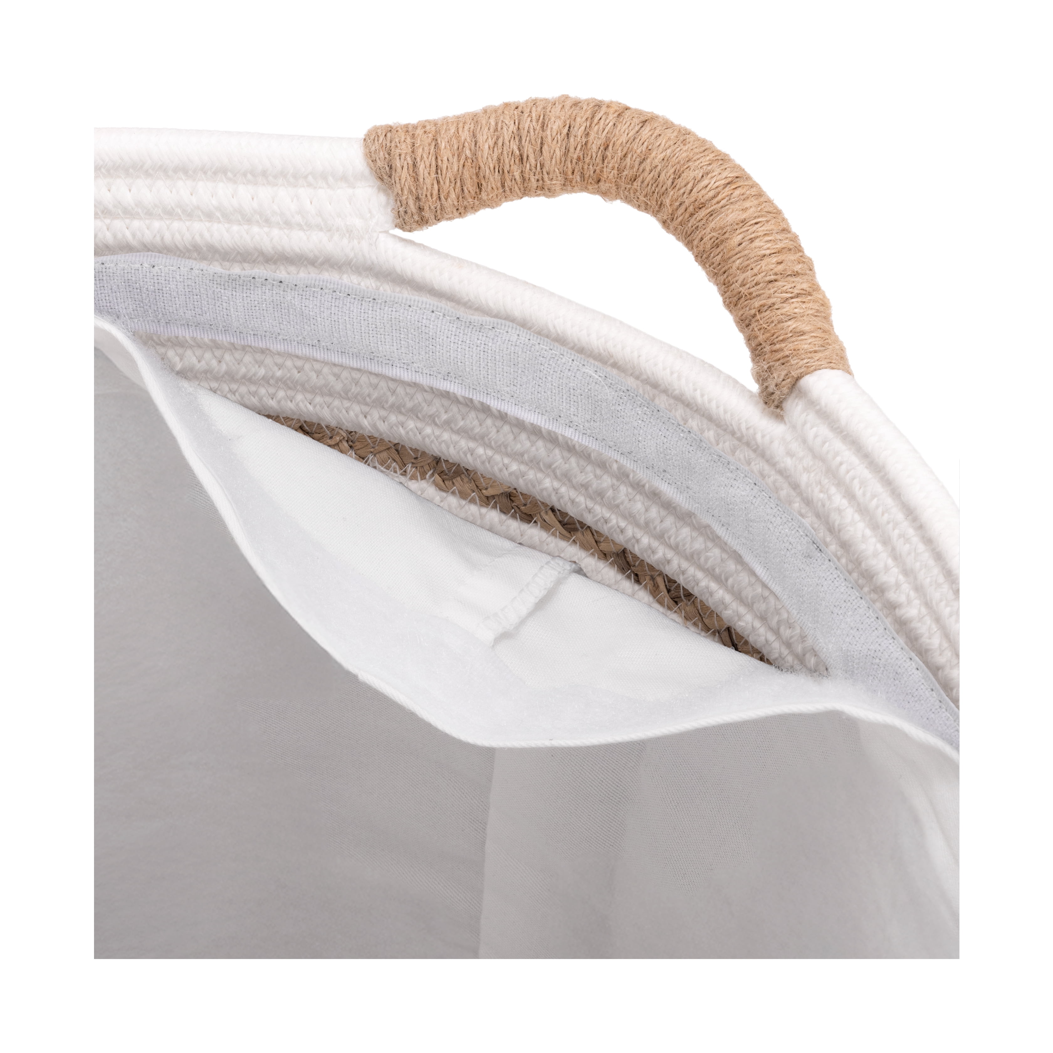 Seville Classics Natural Water Hyacinth and Rope Round Hamper with Liner, White