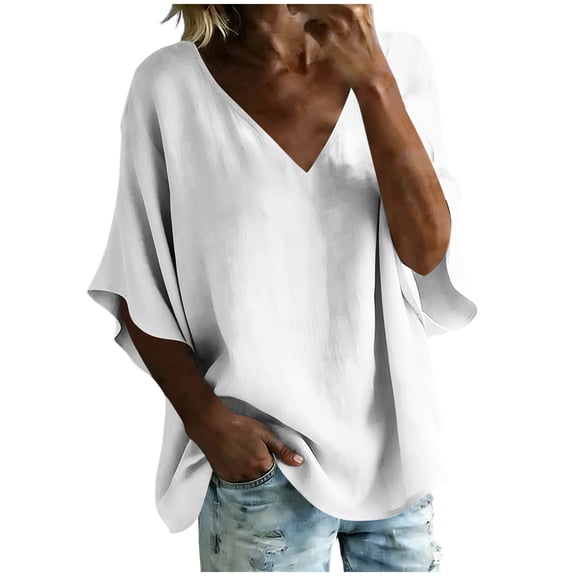 Dvprdro V Neck Cotton Linen Ruffle 5 Sleeve Tops for Women Casual Solid Color Summer Blouses