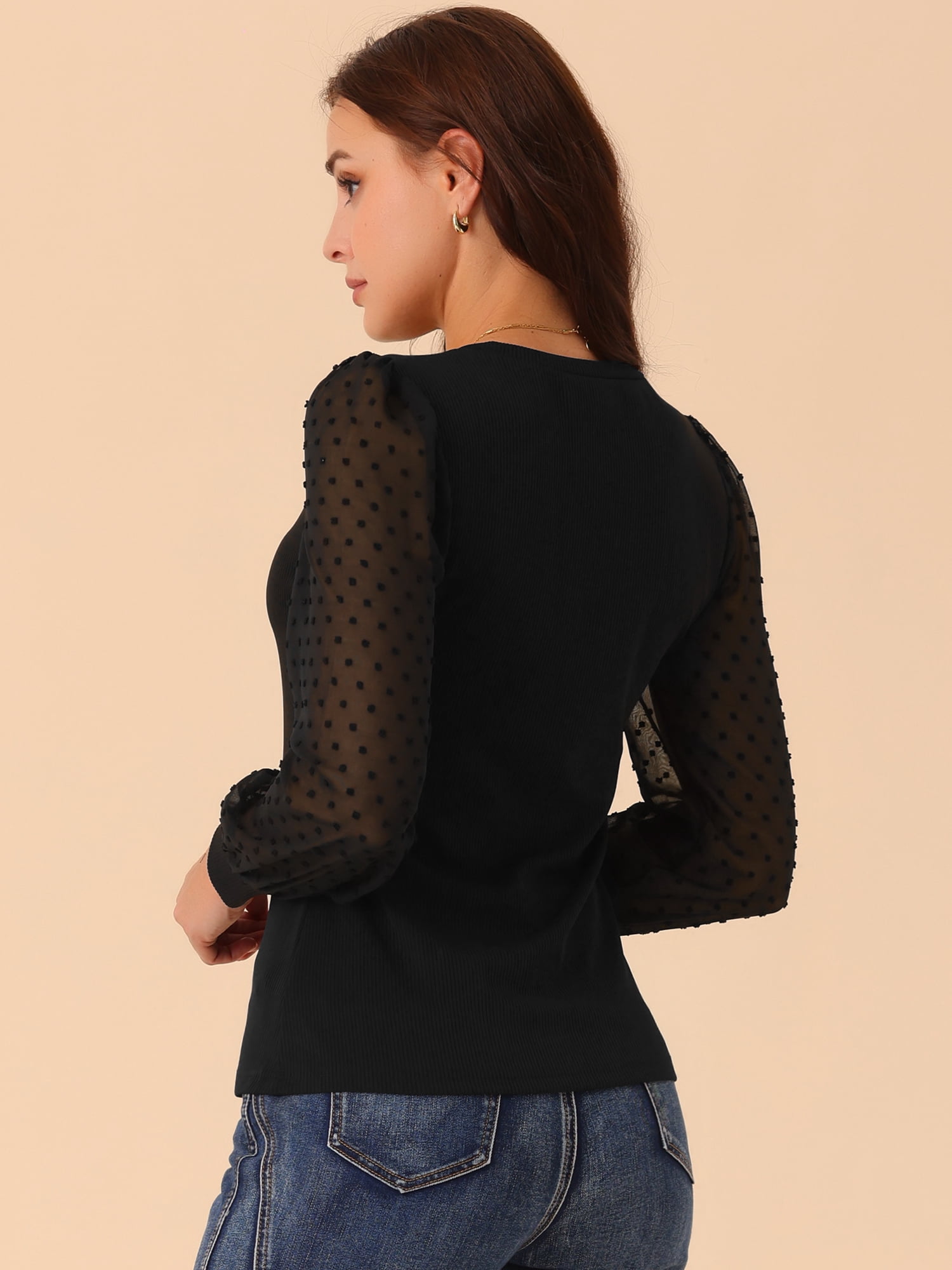 DARING DIVA Women's Long Sleeve V Neck Swiss Dot Mesh Sleeve Blouses S Black