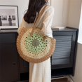 thumbnail image 3 of GEEK - Nuevo bolso de playa redondo de paja para mujer, bolso de hombro tejido grande vintage, bolso de rafia circular de ratán, bolso bohemio para vacaciones de verano, 3 of 5