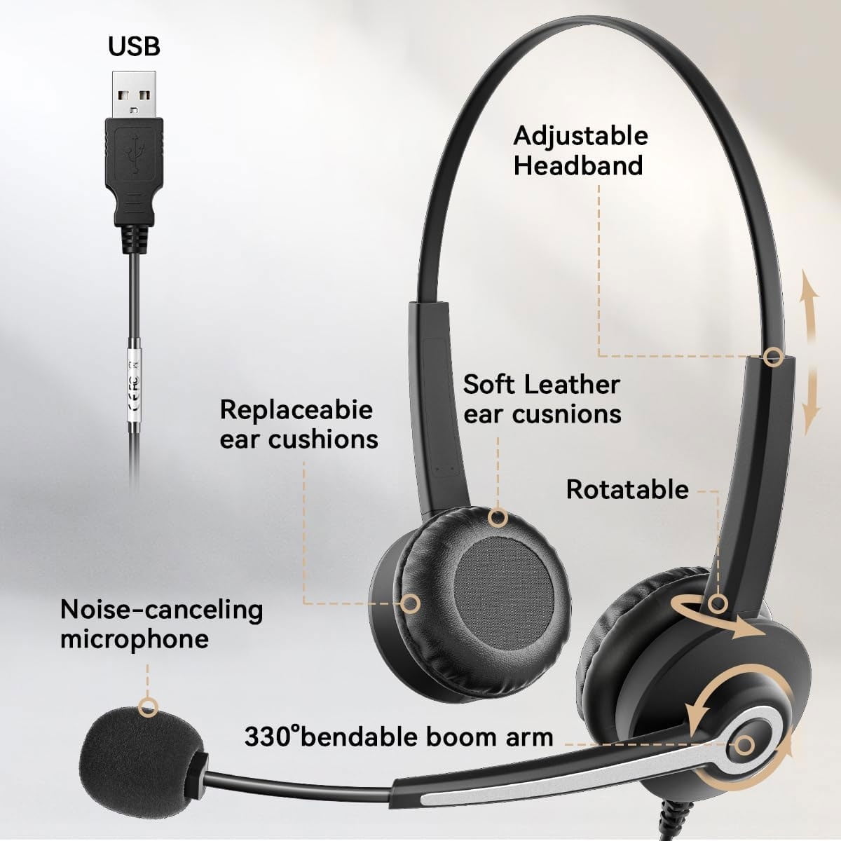 Wantek Binaural Corded USB Headset with Skype, Super Lightweight, Ultra Comfort