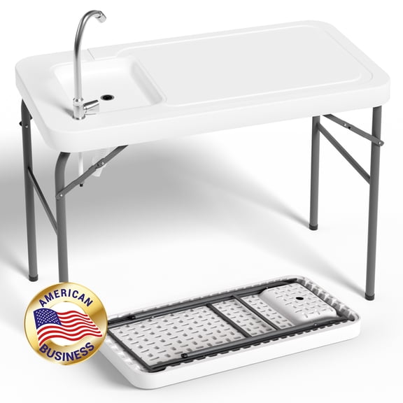 T-SKR Fish Cleaning Table with Sink - Heavy-Duty HDPE, Waterproof & UV-Resistant, Portable, Hose Hookup for Camping, Picnic, Backyard, No Grid Rack