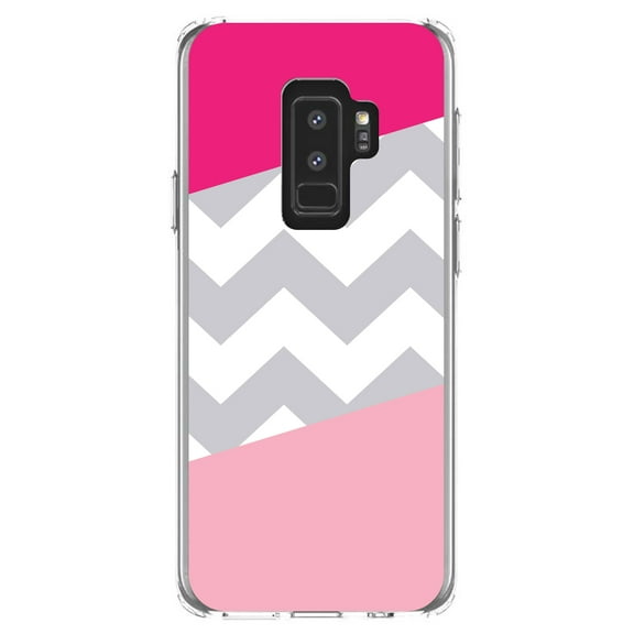 DistinctInk Clear Shockproof Hybrid Case for Samsung Galaxy S9  PLUS (6.2" Screen) - TPU Bumper, Acrylic Back, Tempered Glass Screen Protector - Hot Pink Block Grey Chevron - Stripes Pattern