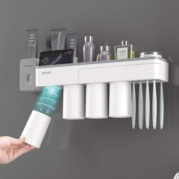 BHeadCat Double Automatic Toothpaste Dispensers Toothbrush Holder Kit Wall  Mounted for Bathroom and Vanity, with 4 Brush Slots 4 Magnetic Cups 1  Cosmetic Drawer Organizer 1 Large Storage Tray black 