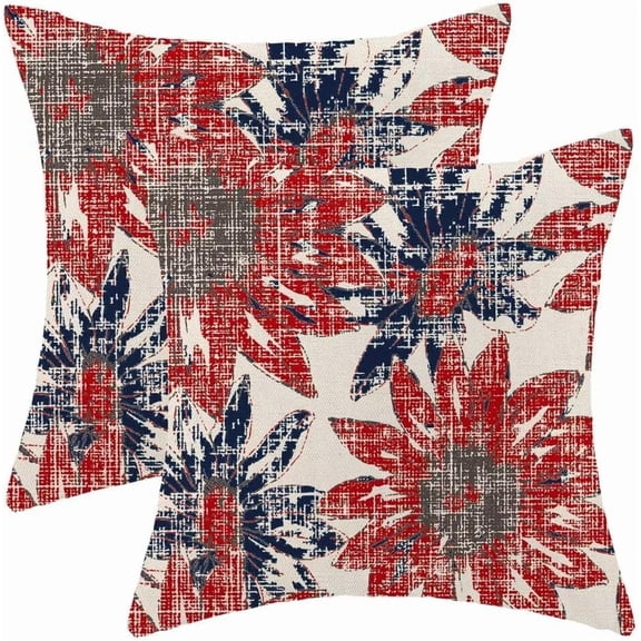Vintage Floral Pillow Covers 18 x 18 Inch Set of 2, Navy Blue Red Retro Sunflower Flowers Decorative Throw Pillow Covers Outdoor Linen Farmhouse Modern Art Pillowcases for Couch Sofa Decor
