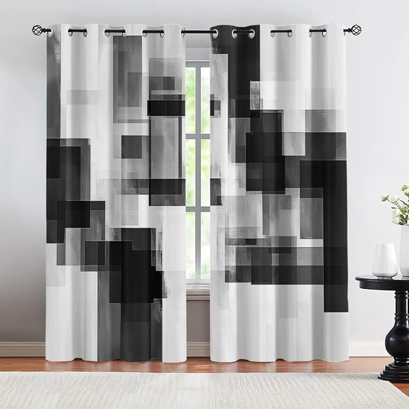 Black White Blackout Curtains for Girls Boys Home Decor, Abstract Geometric Curtains, Modern Simple Print Grommet Curtain for Living Room Bedroom 53"W x 84"L (Pack of 2)