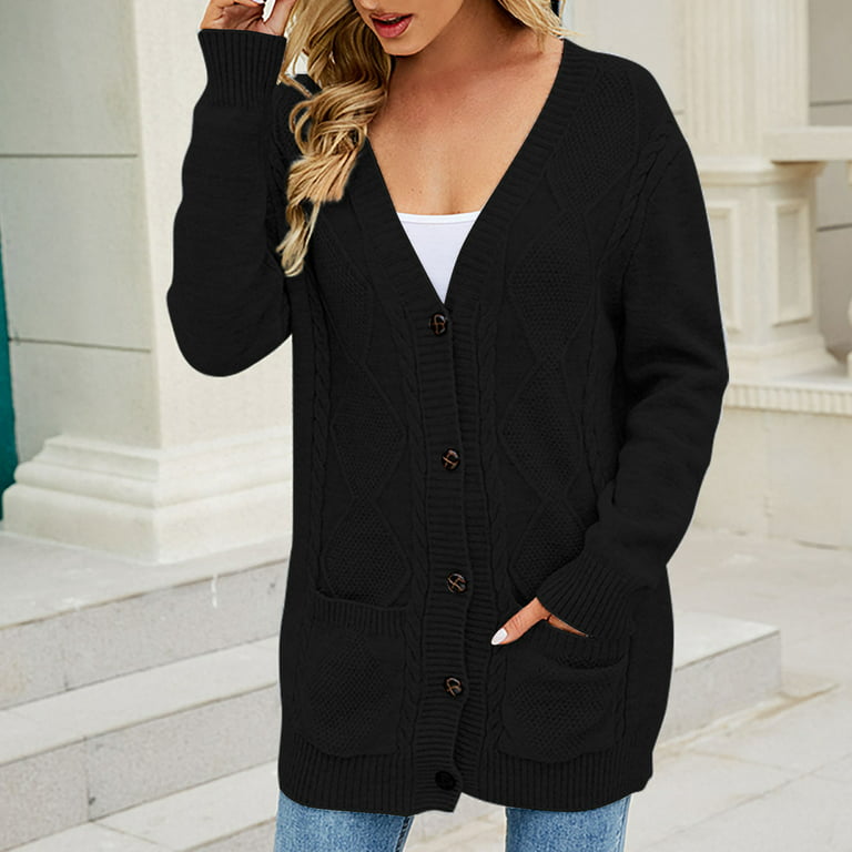 XFLWAM Women's Open Front Cardigan Sweater with Pockets Long Sleeve Cable  Knit Button Down Loose Cardigan Sweater Outwear Black M