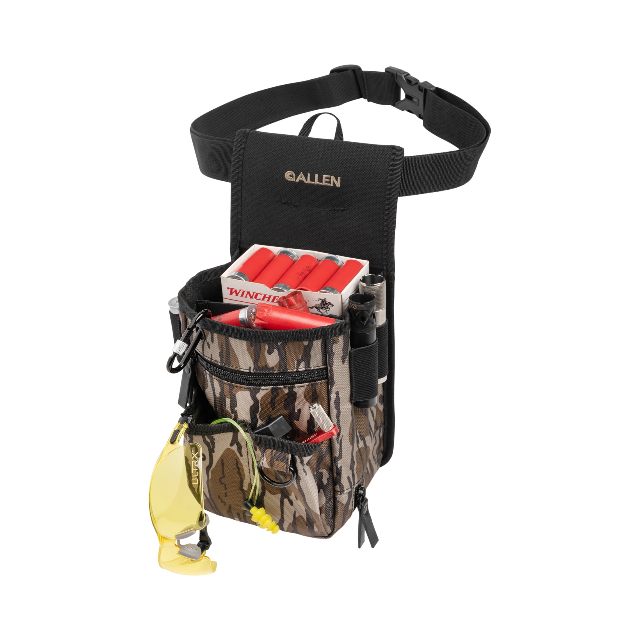 Allen Company Triumph Double Compartment Range Shell Bag  - Adjustable Belt + Endura Fabric + Clay/Trap/Skeet Shooting Storage – Black/Mossy Oak Bottomland