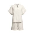 thumbnail image 3 of BODOAO Women's Linen Short Set Short Sleeve Button Shirt and Wide Leg Shorts Loose Fit Summer Casual 2 Piece Outfit for Beach, Vacation, Resort, Lounge and Daily Wear Outfits Beige L, 3 of 4