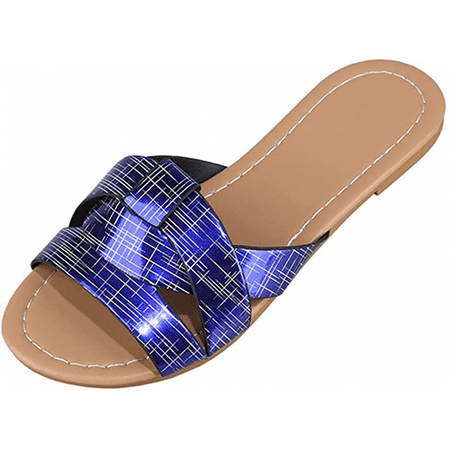 

Wish Women s Summer Flat Slides Sandals Casual Strap Cross Slip On Sliders Beach Flat Sandals for Women ---- Blue（Size 41） S1817