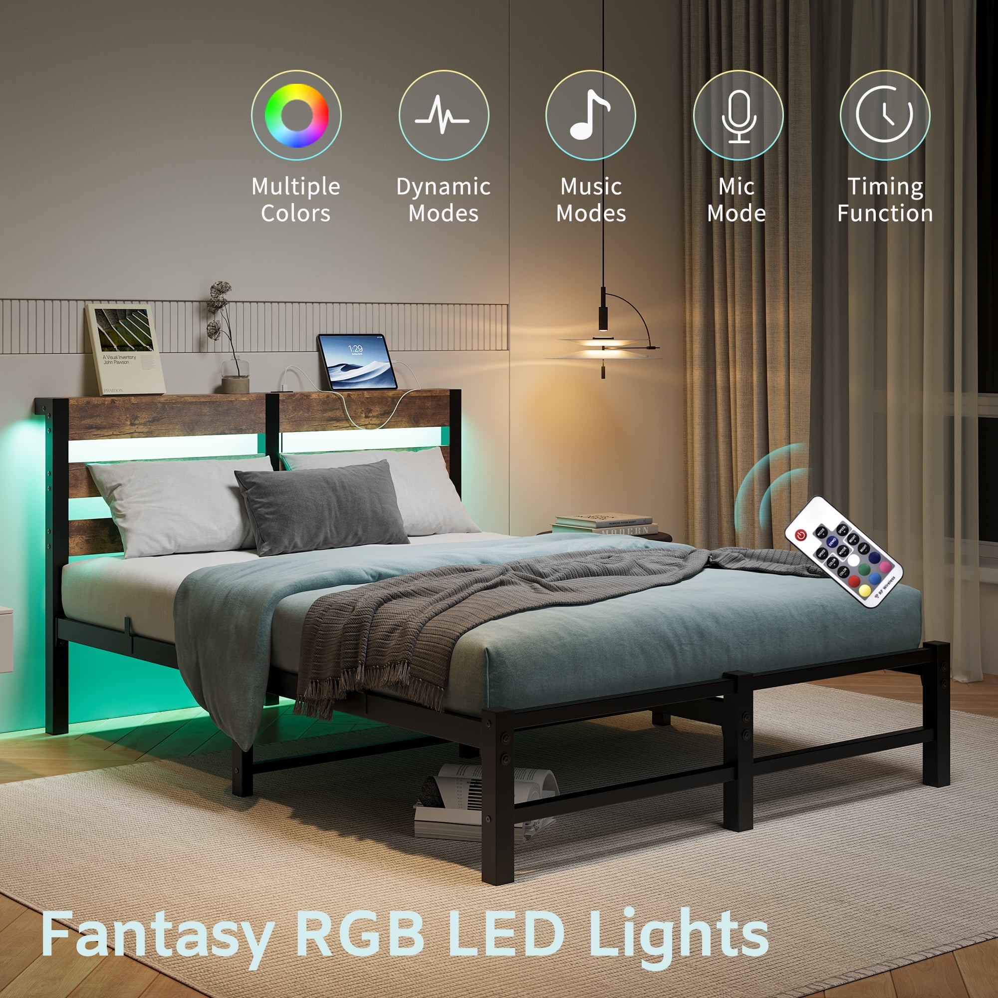 MAYEERTY Brown Full Heavy Duty Bed: Headboard, USB Charging, LED Lighting, No Box Spring​