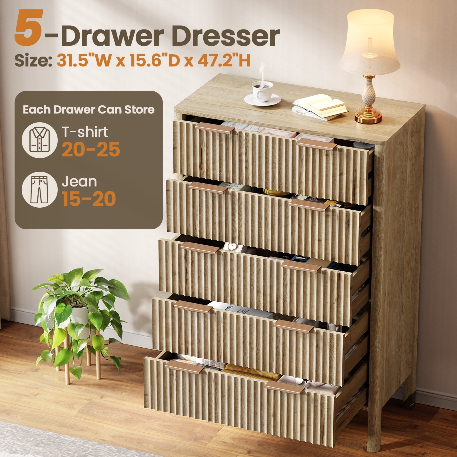 Fluted 5 Drawer Dresser for Bedroom 47" Wide Wooden Dresser TV Stand Modern Storage Organizer for Living Room, Hallway, Natural Oak