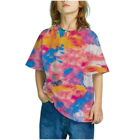 

Tejiojio Girls and Toddlers Soft Cotton Clearance Girls Short Sleeve Gradient Print Tops Child Crewneck Summer Casual Loose Tshirt
