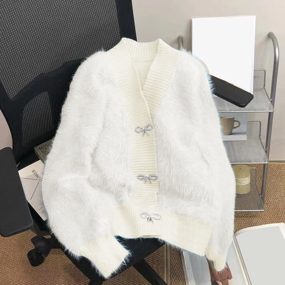 Texiao Long Sleeve Work Tops For Women, Wide Neck Long Jackets For Women, White Jackets For Women Trendy, Women's Rhinestone Bow Fluffy Long Sleeve V Neck Crop Cardigan Sweater