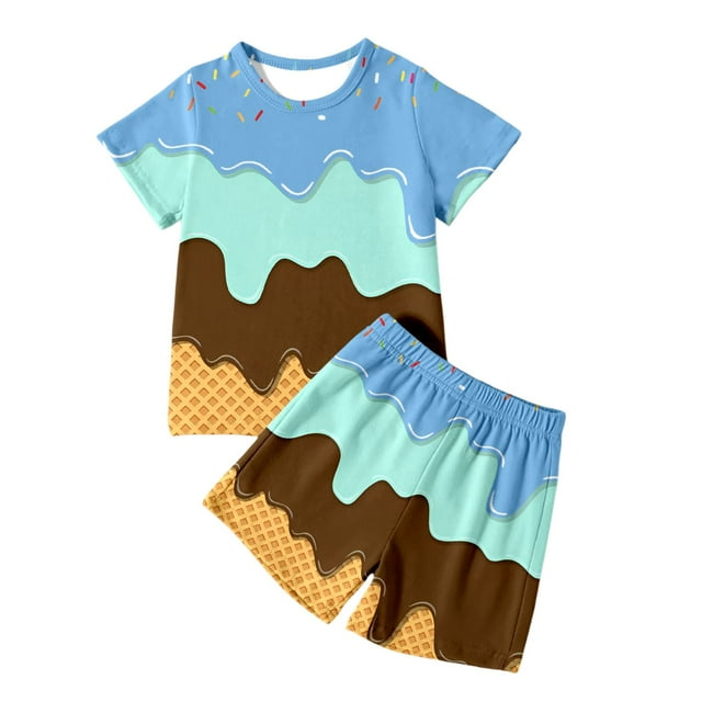 BXUIDJG Suits for Kids Summer Girl's Set Ice Printed Short Sleeve Round Neck Tops Elastic Loose Shorts Girls Child Outfit Set 4-5 T
