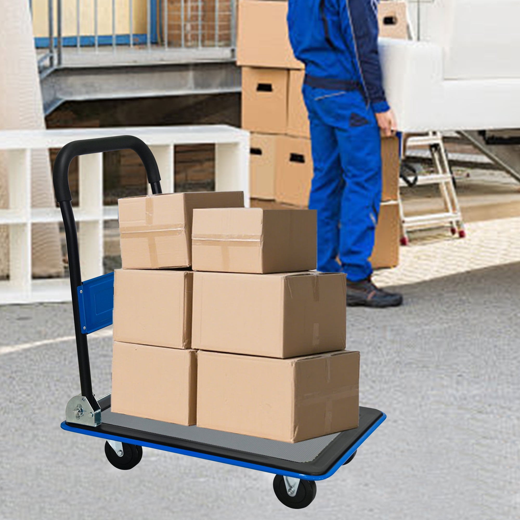 Flatbed Cart, 330lbs Heavy Duty Capacity Platform Hand Truck 360 Degree Swivel Wheels Foldable Push Hand Cart for Loading and Storage, Warehouse-Blue