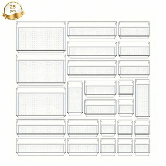 OdorsTT 25pcs Clear Plastic Drawer Organizer Set, 4 Sizes Multi-Functional Bathroom & Vanity Drawer Organizers, Makeup, Kitchen & Office Storage Boxes