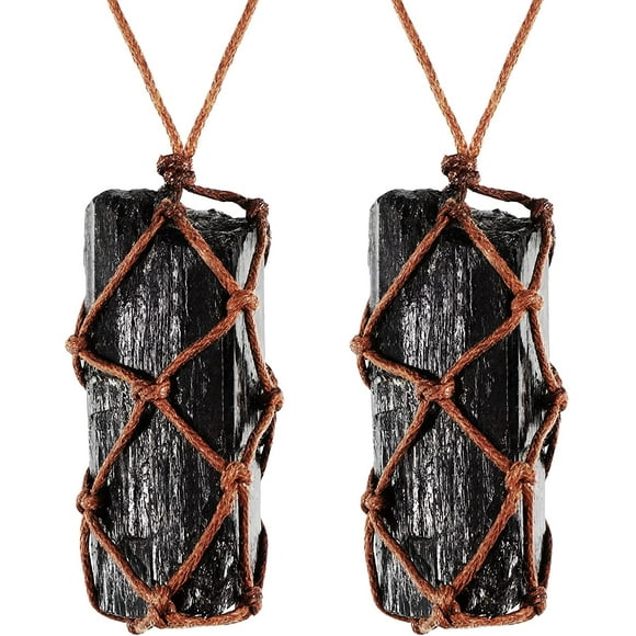 2 Pieces Natural Black Tourmaline Crystal Necklace Hand Braided Gemstone Pendant Necklace for Men Women