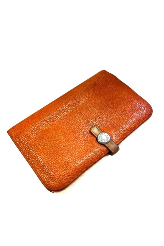 Pre-Owned Hermes Herms Dogon GM Togo Orange Pouch Long Wallet with T Stamp (Fair)