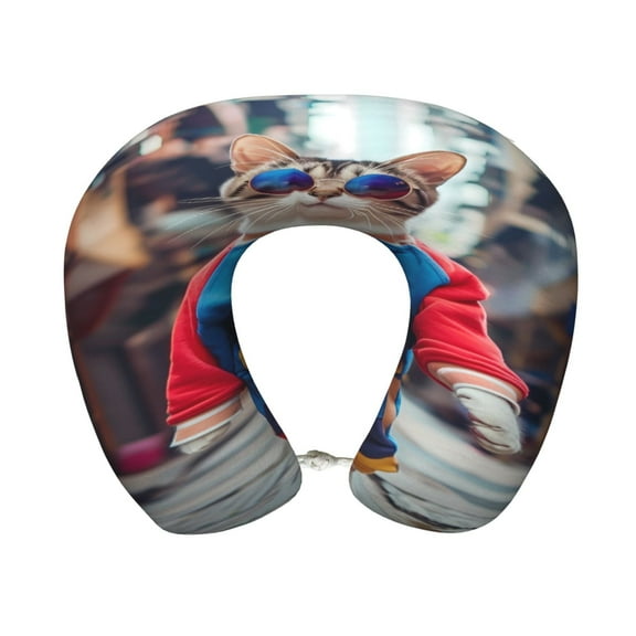 Xecao Cool Cat In Sunglasses Print Memory Foam Cervical Neck Pillow Versatile U-Shaped Pillows for Home,Office,Camping,Travelling,Soft Washable Cover